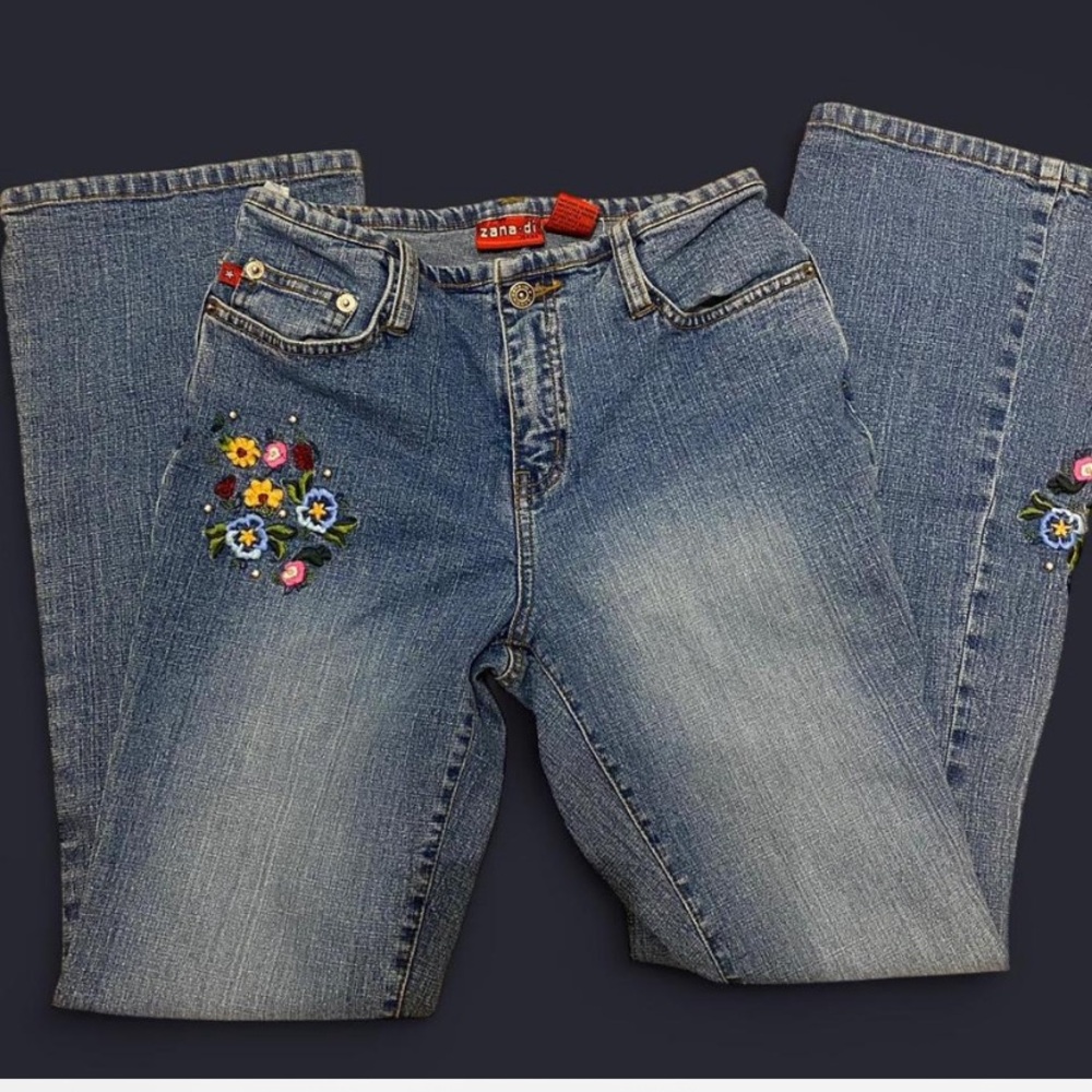 Y2k vintage mcbling low rise flared Jeans with Floral Embroidery